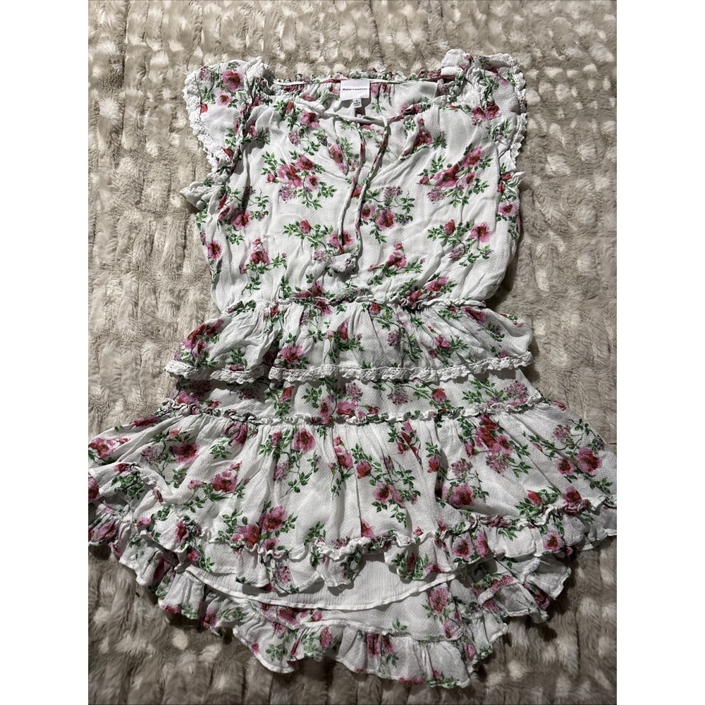 Skylar + Madison Y2k Dress Small Tiered Ruffled Floral White Pink